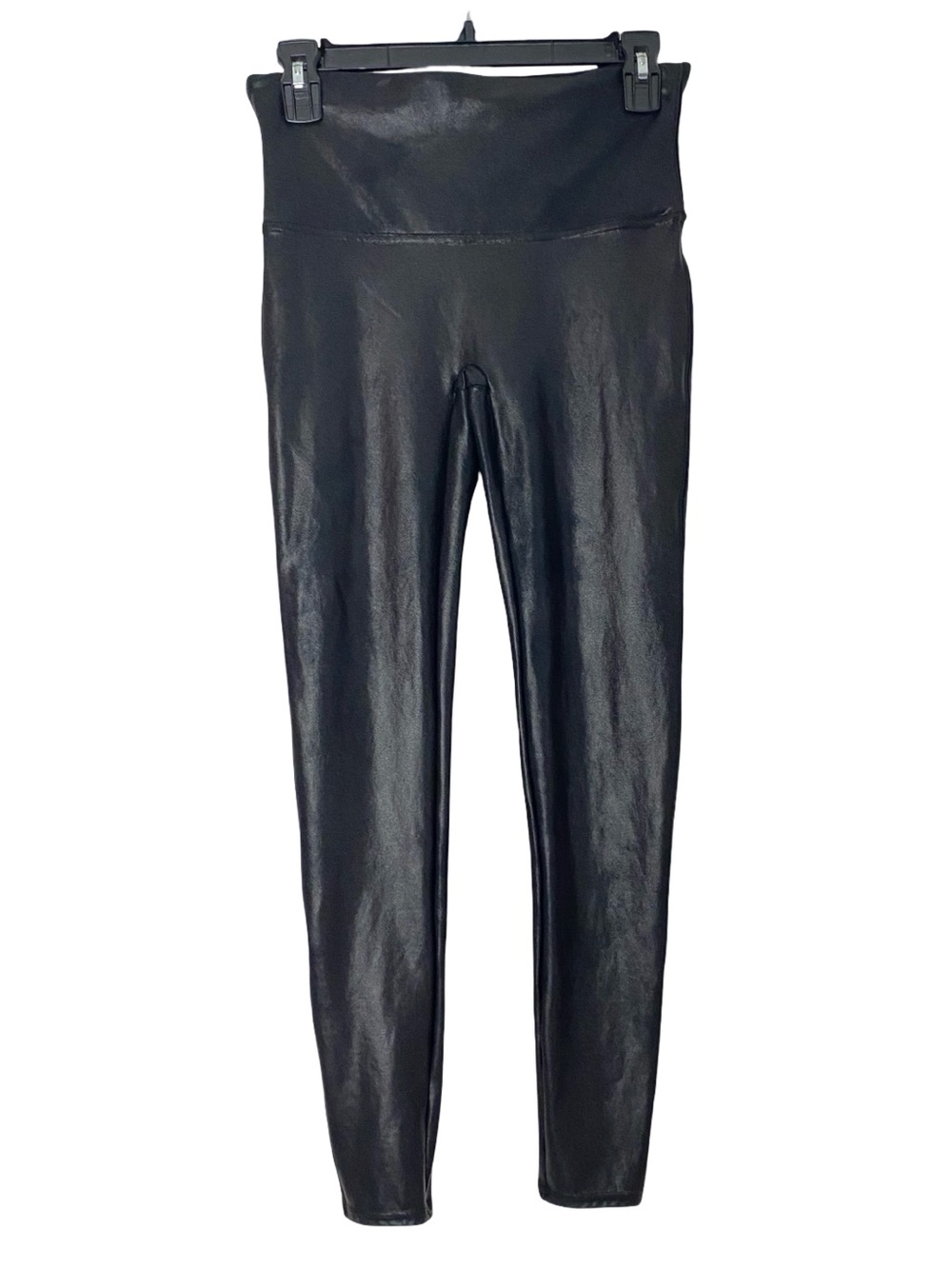 Spanx Shiny Leggings Women Size Large Black Skinny Faux Leather Stretchy Neutral